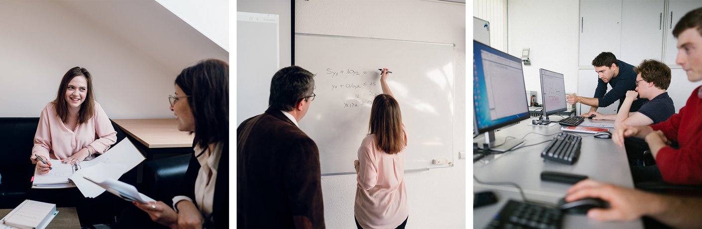 Drei zusammengeschnittene Bilder zeigen Eindrücke des Studiengangs Wirtschafts-/Technomathematik
